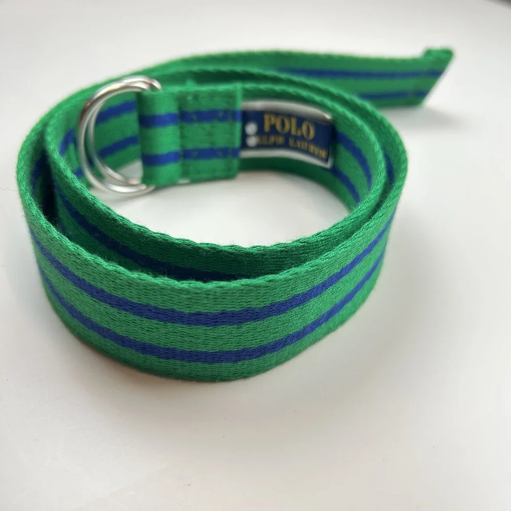 Polo Ralph Lauren Green Blue Woven Fabric Belt D Ring Medium Ladies Youth Boys‎